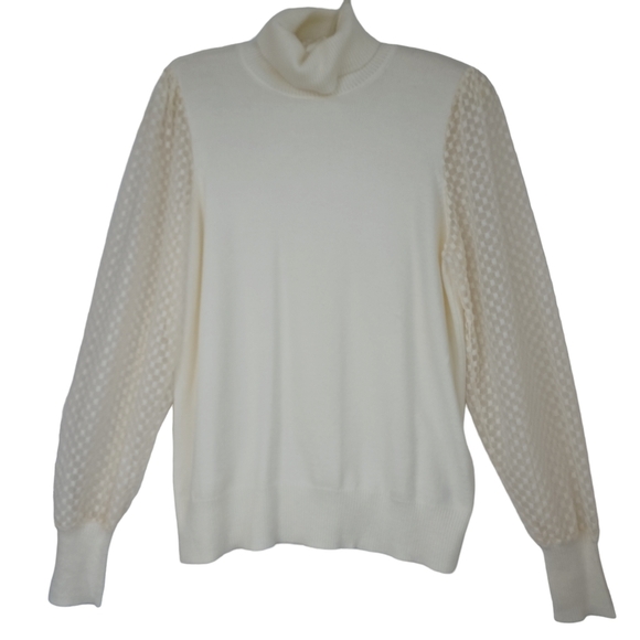 Marled Sweater Turtleneck Pullover Ivory Swiss Dot Lace Sleeves Womens Large - Picture 1 of 11